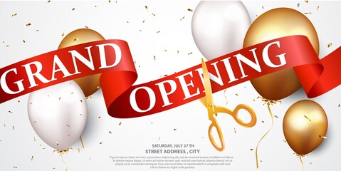 Grand opening card design with gold and ribbon with confetti - 420454681