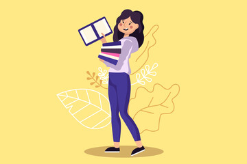 The girl holds books in her hands