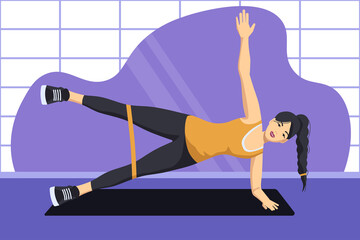 A girl performs an exercise with an elastic band