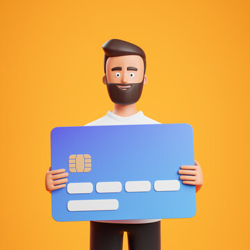 Portrait of cartoon beard character man holding blue credit card over yellow background.