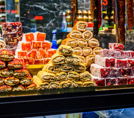 Turkish delight and different sweets for sale at the bazaar in Turkey