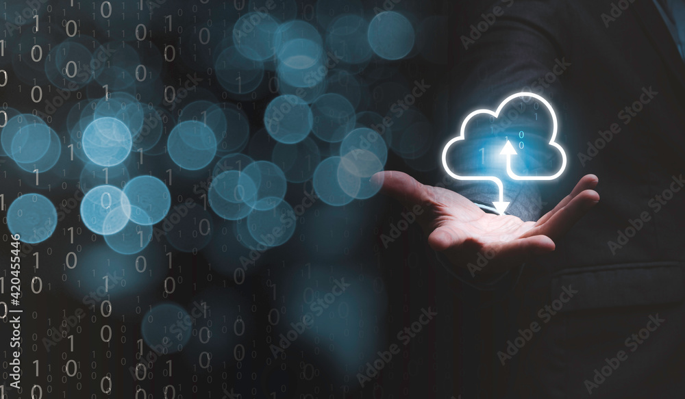 Poster businessman holding virtual cloud computing on hand to transfer data information and upload download