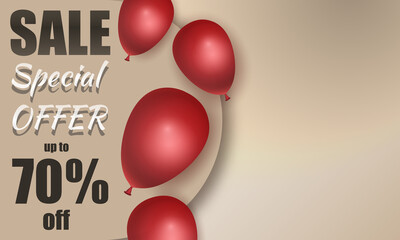 Special offer sale banner with realistic red balloons on beige background. Place for text. Vector illustration