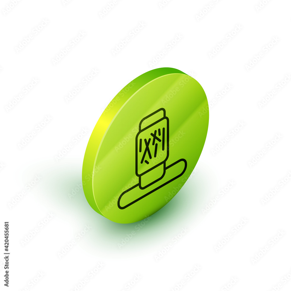 Poster isometric line cat scratching post with toy icon isolated on white background. green circle button. 
