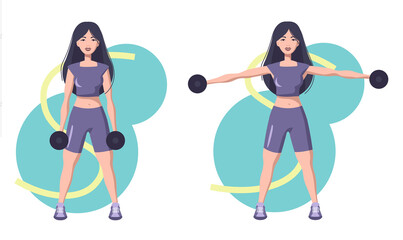 The girl performs an exercise for the shoulders breeding dumbbells