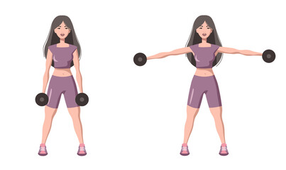 The girl performs an exercise for the shoulders breeding dumbbells