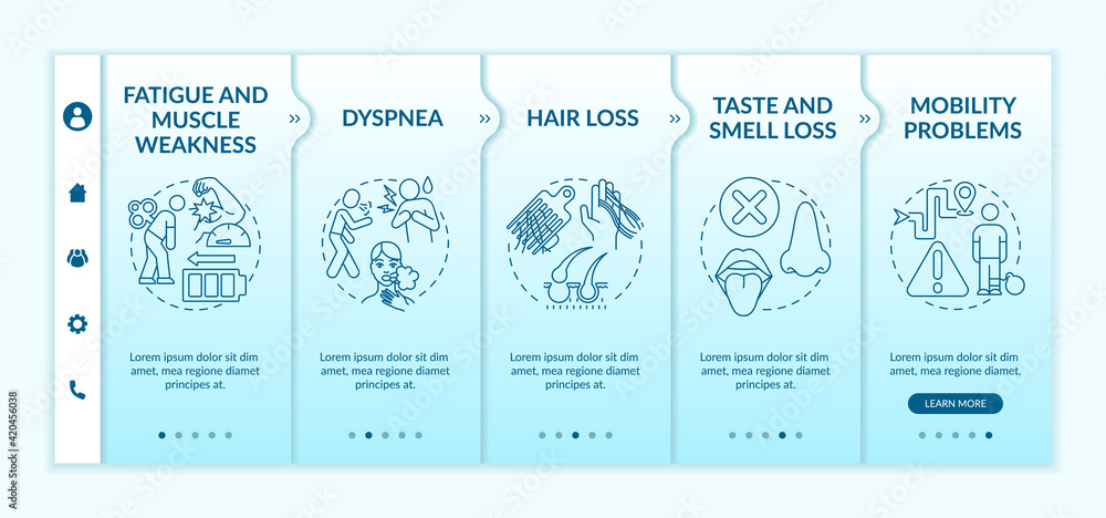Poster fatigue and muscle weakness onboarding vector template. loss smell and taste. mobility problems. res