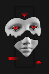 Antique sculpture of woman face surreal collage in pop art style. Modern image with cut details of statue head. Red eyes. Dark concept. Zine culture. Contemporary art poster. Funky retro minimalism.