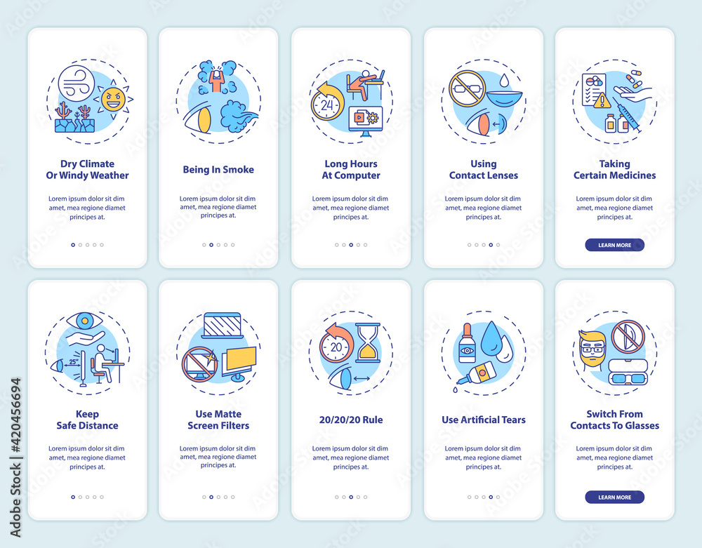 Poster eye health onboarding mobile app page screen with concepts set. dry climate or windy weather walkthr