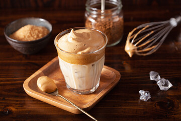 dalgona coffee in glass. trendy Instant coffee whipped with sugar and hot water