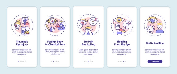 Emergency eye exam reasons onboarding mobile app page screen with concepts. Traumatic eye injury walkthrough 5 steps graphic instructions. UI vector template with RGB color illustrations