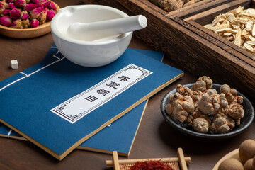 Ancient Chinese medicine books and herbs on the table