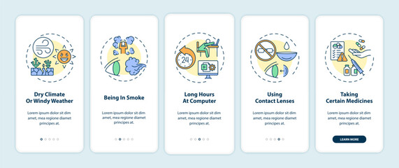 Dry eye causes onboarding mobile app page screen with concepts. Dry climate or windy weather walkthrough 5 steps graphic instructions. UI vector template with RGB color illustrations