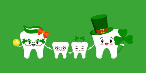 St Patrick day teeth family together isolated. Smiling tooth with faces - mum, dad, son, daughter with irish photo booth props shamrock leprechaun coin. Dental vector flat design cartoon illustration.