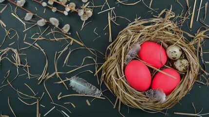 Easter decorative composition with bright pink painted eggs in a nest of straw with feathers on a dark background with willow twigs top view.