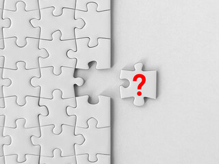 Missing piece of the jigsaw puzzle, question mark on white puzzle piece