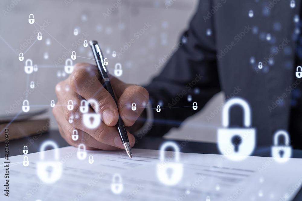 Poster a businessman in formal wear signing the contract to prevent probability of risks in cyber security.