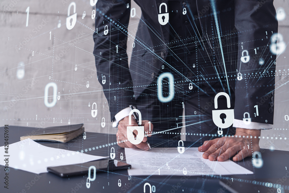 Poster a businessman in formal wear signing the contract to prevent probability of risks in cyber security.