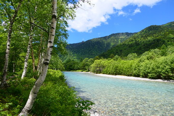 Fototapeta na wymiar 中部山岳国立公園。上高地を流れる梓川。松本、長野、日本。6月下旬。