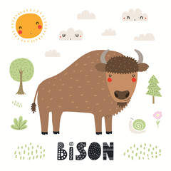 Cute funny bison in forest, woodland landscape, isolated on white. Hand drawn wild animal vector illustration. Scandinavian style flat design. Concept for kids fashion, textile print, poster, card © Maria Skrigan