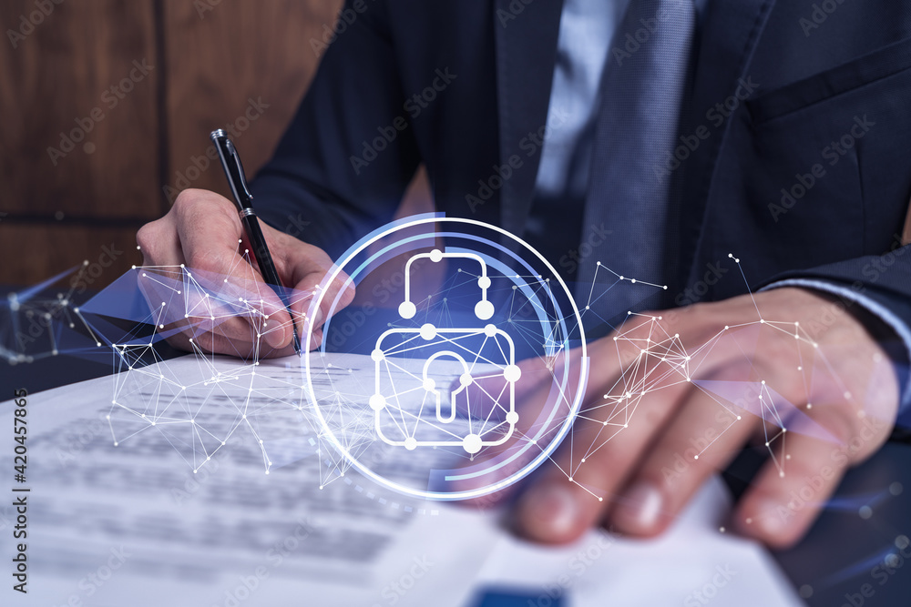 Poster a businessman in formal wear signing the contract to prevent probability of risks in cyber security.
