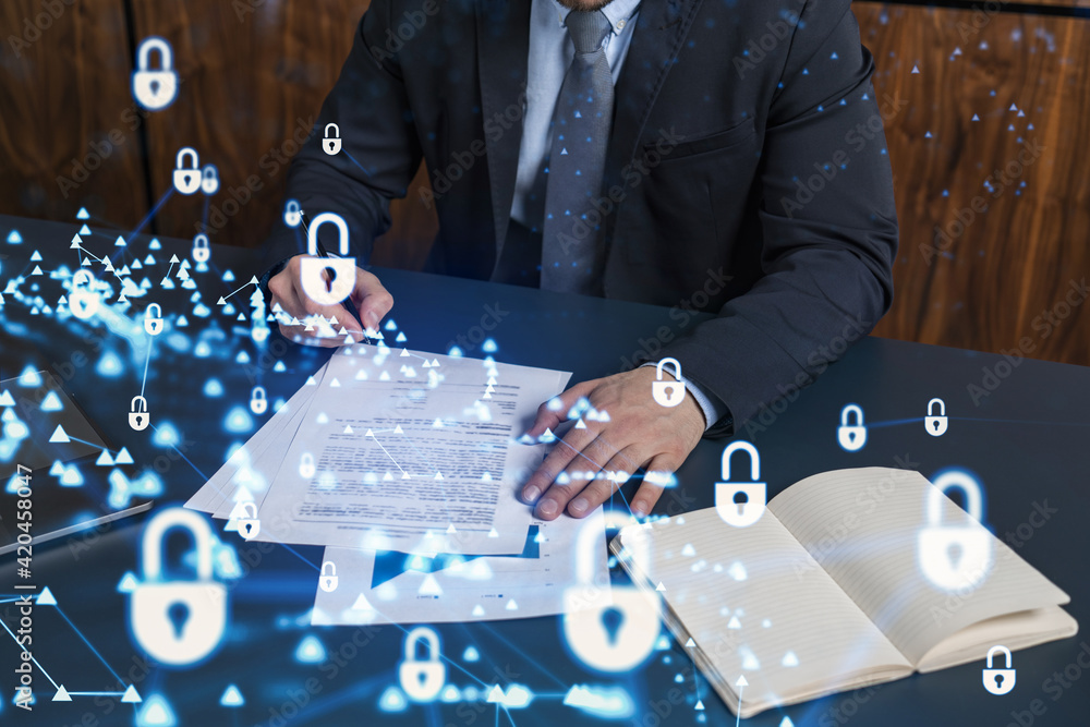 Poster a businessman in formal wear signing the contract to prevent probability of risks in cyber security.