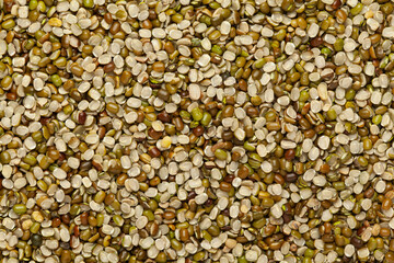 Close up of Organic split green urad dal (Vigna mungo)   Full-Frame Background. Top View