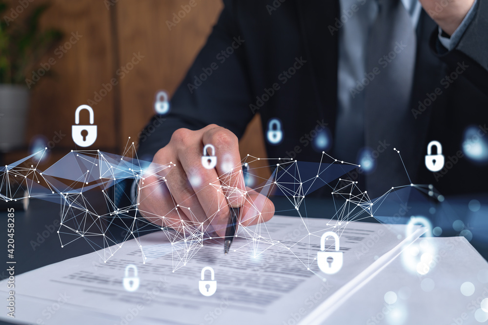 Poster a businessman in formal wear signing the contract to prevent probability of risks in cyber security.