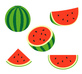 Fresh and juicy whole watermelons and slices. Set illustrations isolated on a white background.