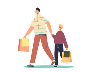 Dad and son on shopping. Happy cartoon father with little kid boy holding shopping bags