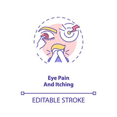 Eye pain and itching concept icon. Emergency eye exam reasons. Eye specialist or doctor treatment idea thin line illustration. Vector isolated outline RGB color drawing. Editable stroke