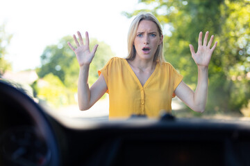 woman having a car accident view from inside