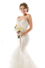 Naklejka premium Bride Wedding Dress holding Flower Bouquet. Bridal Beauty Woman Fashion Portrait. Isolated White Background