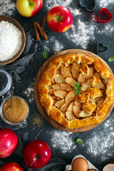 Homemade apple cake on dark background. Top view with copy space.