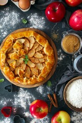 Homemade apple cake on dark background. Top view with copy space.