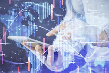 Double exposure of man's hands holding and using a phone and international business theme drawing.