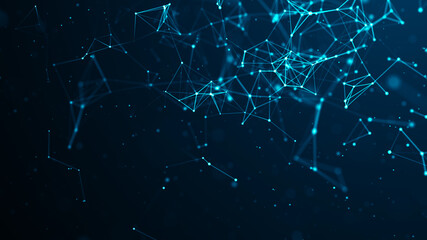 Network connection structure. Abstract background with moving dots and lines. Futuristic illustration. Digital technology design. 3d rendering.