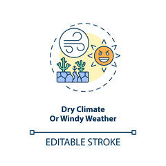 Dry climate or windy weather concept icon. Dry eye causes. Feeling that something is in your eyes idea thin line illustration. Vector isolated outline RGB color drawing. Editable stroke