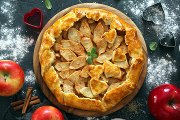 Homemade apple cake on dark background. Top view with copy space.