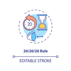 Use 20 20 20 rule concept icon. Digital eyestrain prevention tips. Ways to prevent eye strain idea thin line illustration. Vector isolated outline RGB color drawing. Editable stroke
