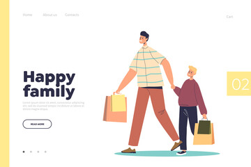 Happy family on shopping concept of landing page with cartoon father and son holding shopping bags