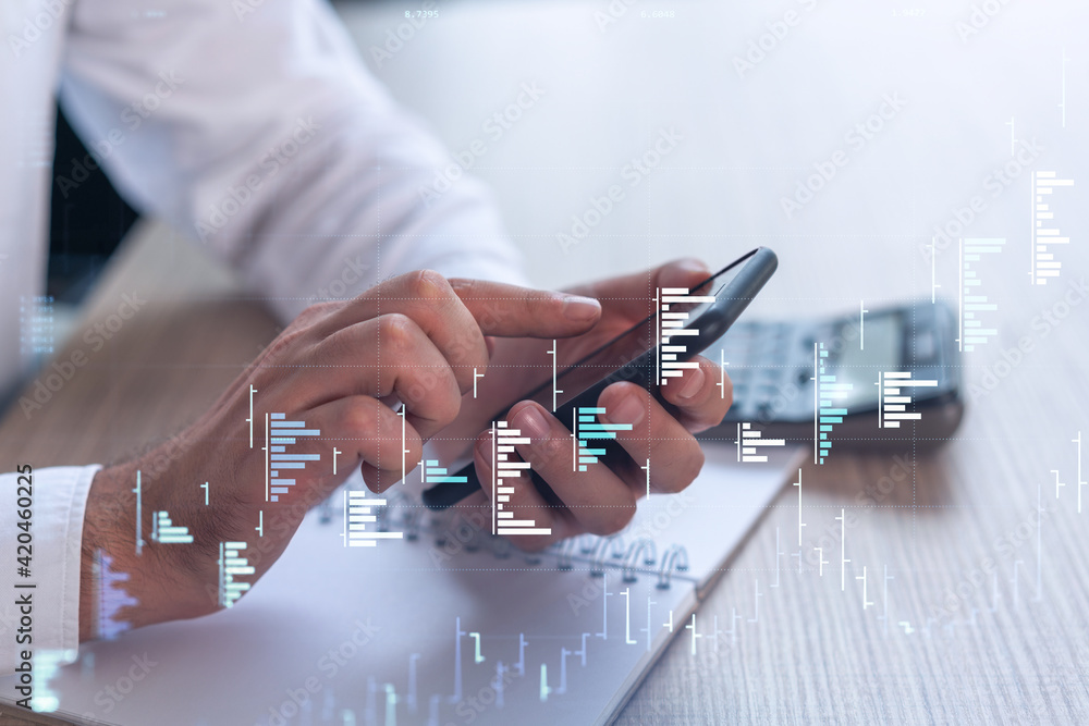 Poster trader holding in the hands a smart phone and researching stock market to proceed right investment s