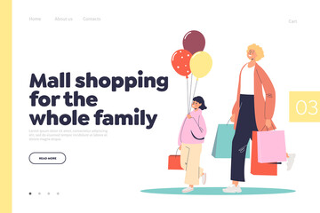 Mall shopping for family concept of landing page with happy mom and daughter holding shopping bags