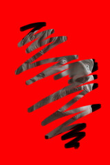 Antique sculpture of face old bearded man surreal collage in pop art style. Modern image with cut details statue head. Zine culture. Contemporary art poster. Funky crazy minimalism. Strict stern man.