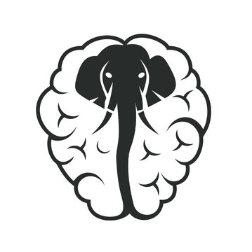 an elephant and brain illustration in black and white format.