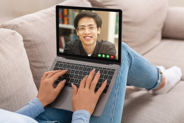 Webcam virtual online conference, family video chat, modern date and communicate with parents