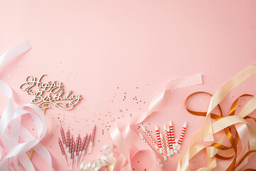 Pink happy birthday concept with topper and candles, flat lay copy space