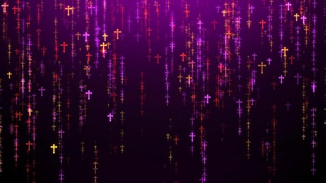Seamless Loop Artistic Purple Colorful Abstract Shiny Glitter Cross Jesus Confetti Shapes Falling Rain Background Animation