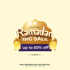 Ramadan Kareem Label sale banner, sticker, badge, ads pop up banner. Special offer Ramadan Big Sale. Islamic promotion vector illustration with realistic and Luxury style