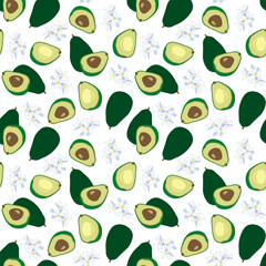 Avocado and fruit pulp with flowering, floral pattern, vector seamless fruit background, tropical berries, leaves, branches textures. Summer design for fabric, print, cover, wrapping paper, backdrop